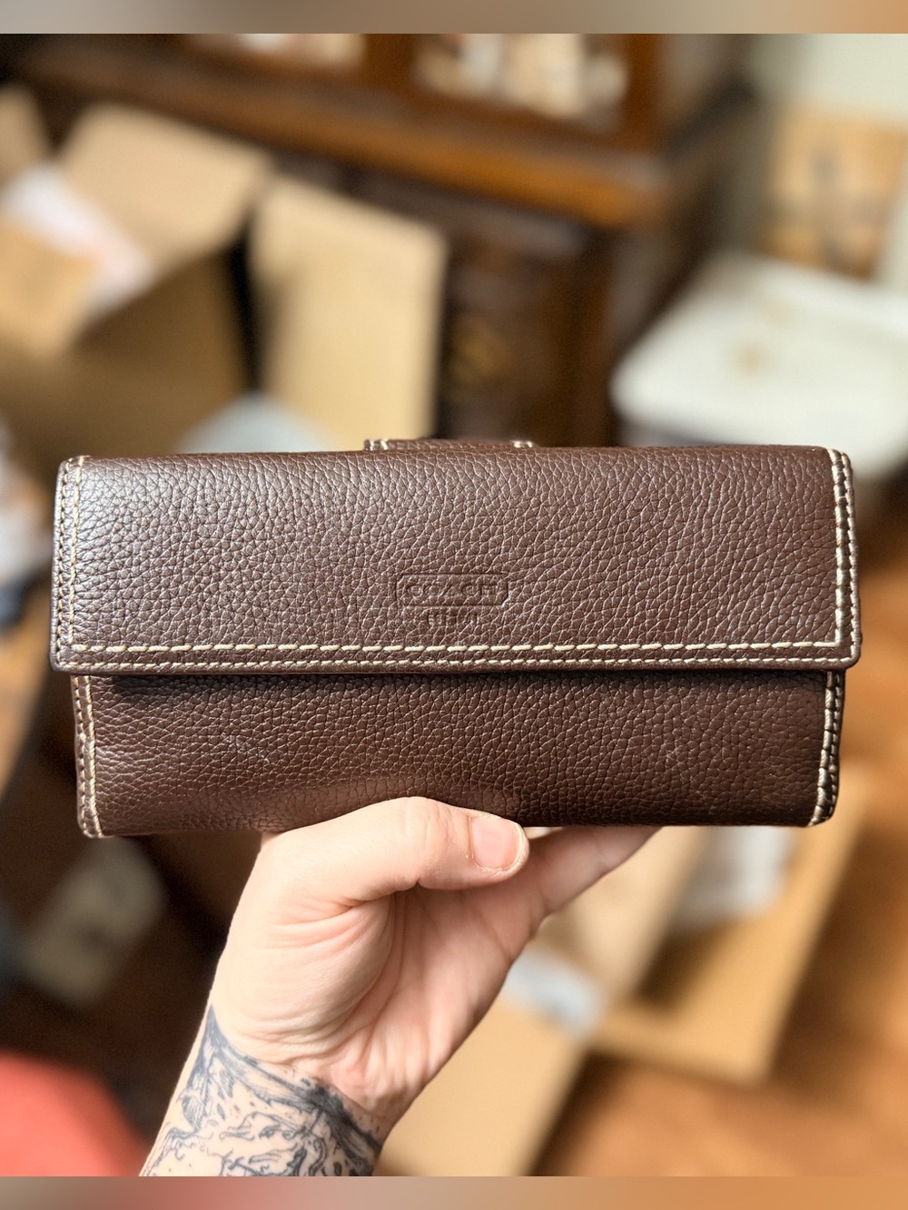 Coach Dark Brown Pebbled Leather Clutch Wallet
